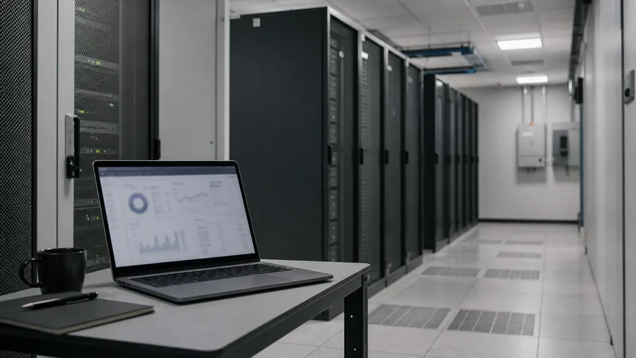 Ruhiger Serverraum mit Laptop als Symbol für KI-Infrastruktur und Modellzugang