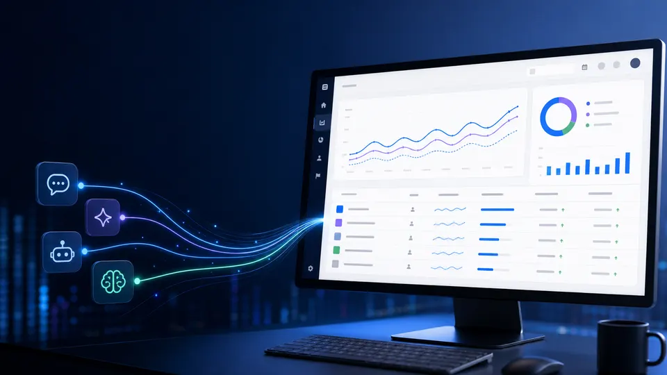 Analytics-Dashboard mit KI-Assistenten-Traffic, Channel-Report und abstrakten Datenströmen aus ChatGPT, Gemini und Claude