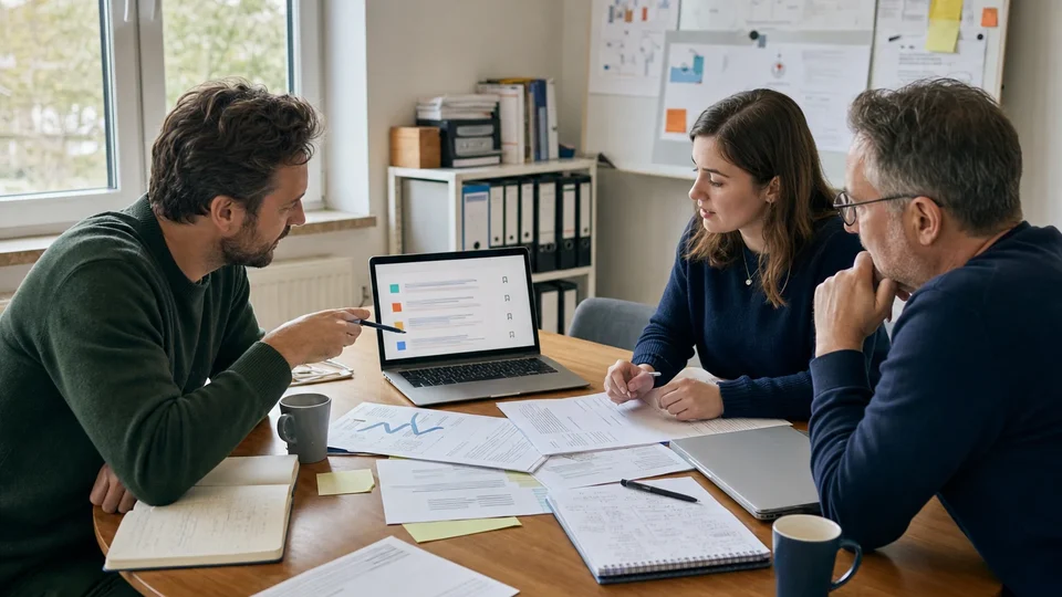Realistische Business-Fotografie eines Mittelstands-Teams bei der Content- und Quellenstrategie für KI-Suche