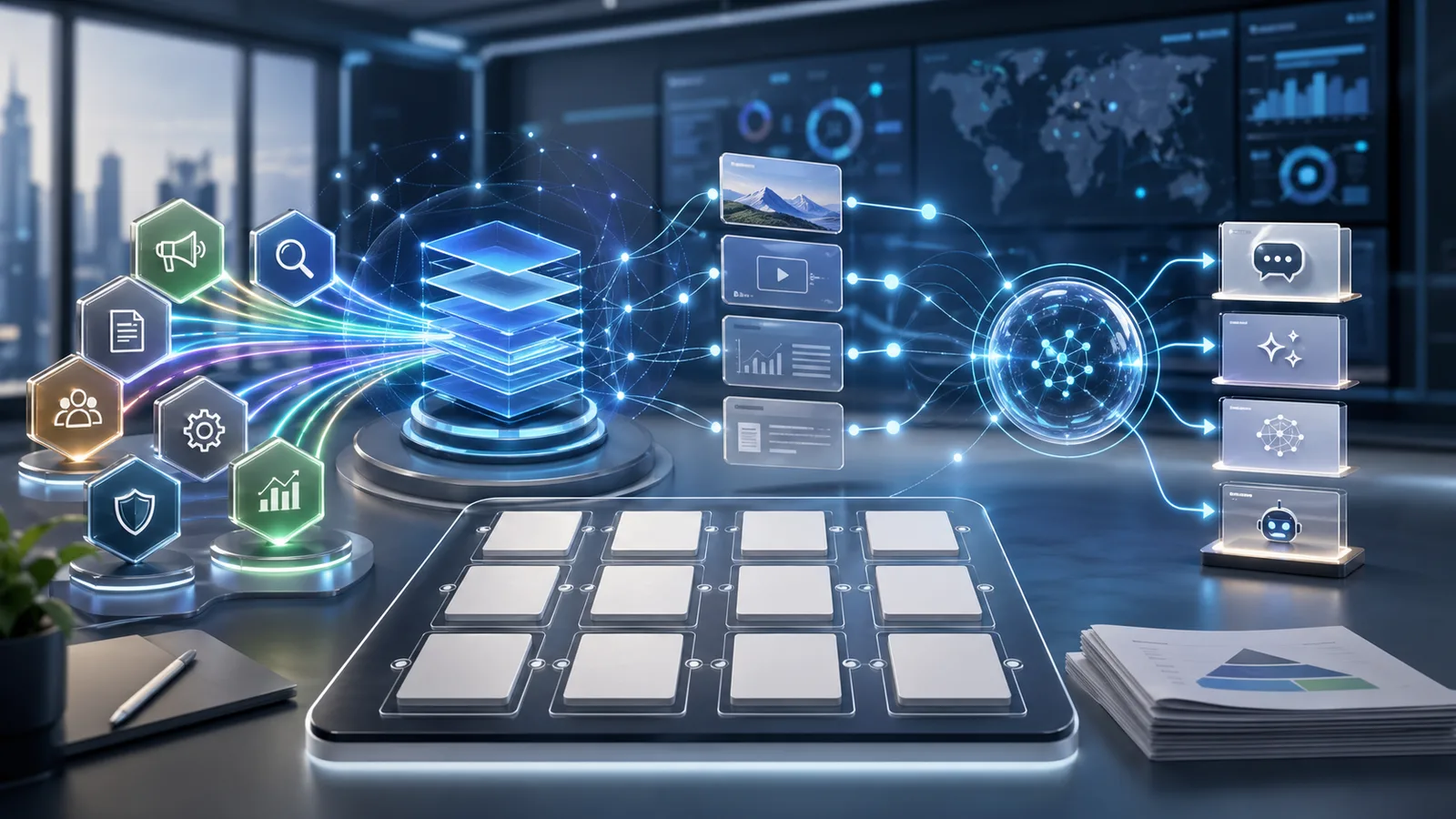 Enterprise-Dashboard für Generative Engine Optimization mit 12-Punkte-Playbook, KI-Suche, Zitaten und Content-Signalen