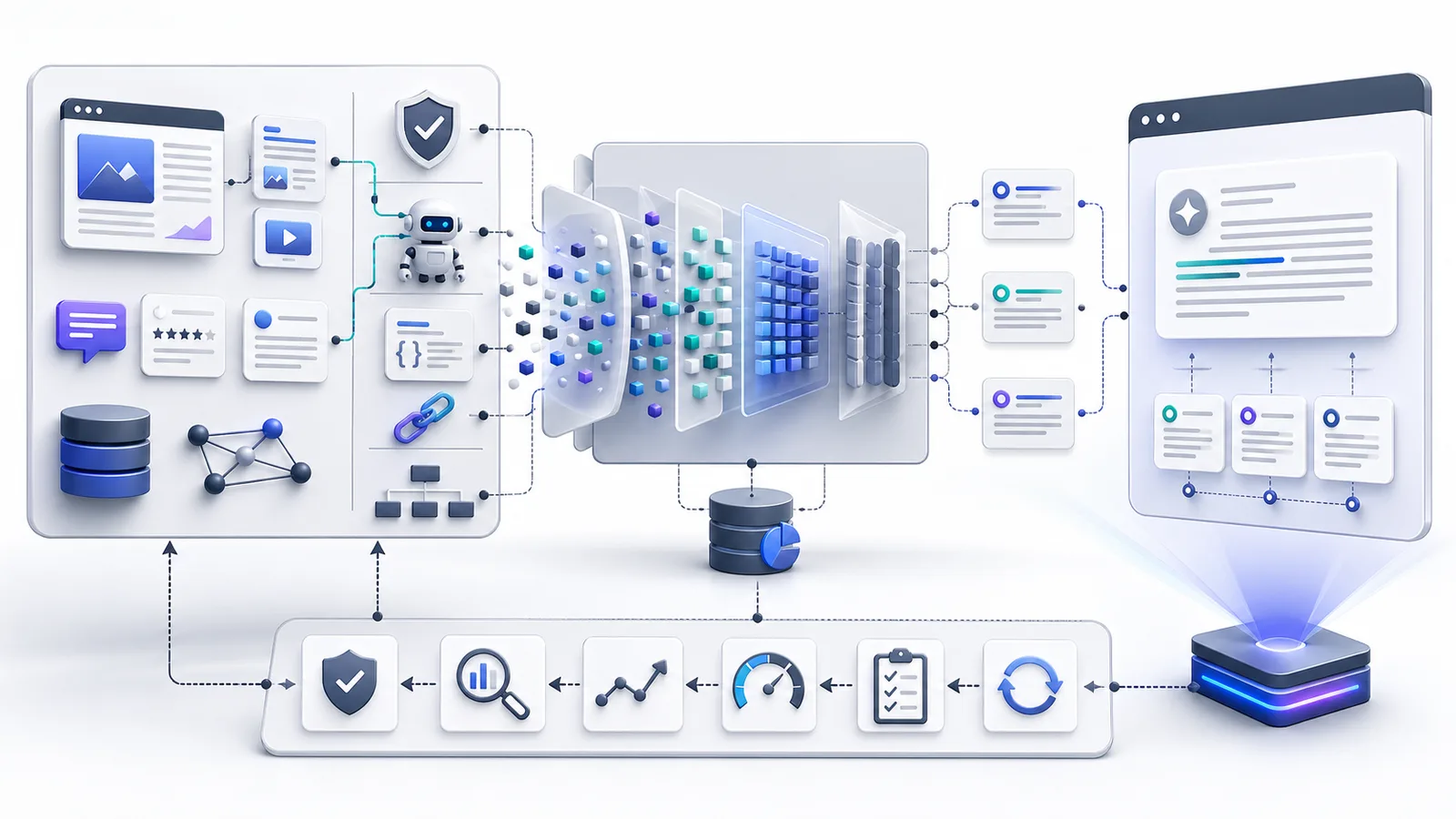 Workflow-Grafik für KI-Sichtbarkeit mit Quellen, Retrieval, Zitaten, strukturierten Daten und Governance-Schleife