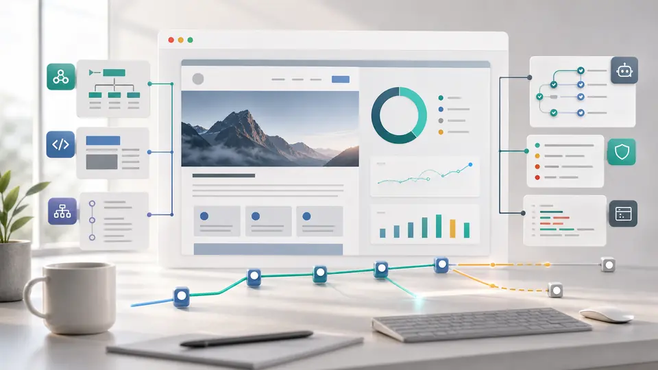 Abstraktes Audit-Dashboard für KI-Agenten mit semantischen Website-Signalen, robots.txt-Regeln, Sitemap-Pfaden und Accessibility-Struktur