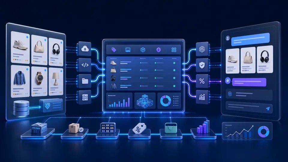 Editoriale Visualisierung eines Agentic-Commerce-Datenflusses mit Produktkatalog, API, Feed-Pipeline, Preisen, Verfügbarkeit und ChatGPT-Shopping-Oberfläche