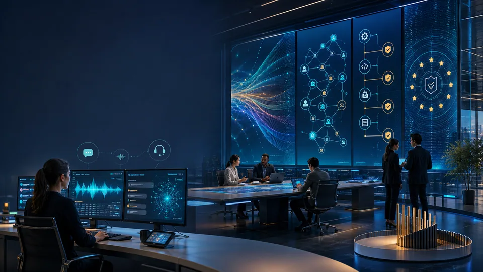 Modernes KI-Kontrollzentrum für Kundenagenten, multimodale Modelle, Entwicklungsworkflows und europäische Governance
